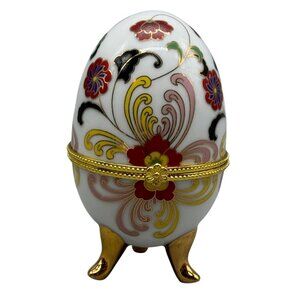 Decorative Porcelain Egg Jewelry trinket Box With Floral Design & Gold Accents